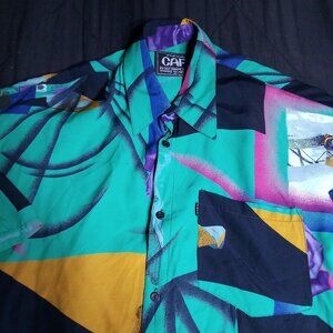 Vintage Cafe Abstract Airplane Blue Rose Polyester Disco Shirt